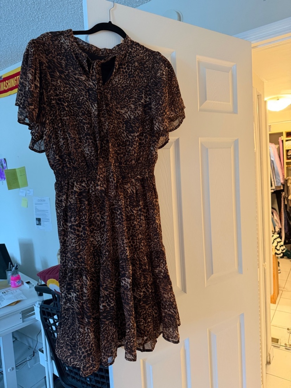 Brown Leopard Print Flutter-Sleeve Dress
